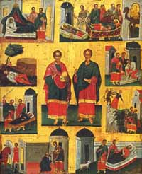 Икона Бессребреников и чудотворцев Космы и Дамиана Асийских с житием