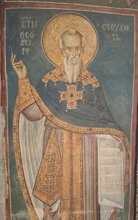 Преподобный Феодор Студит, Исповедник. Фреска. Сербия (Косово). Около 1350 года